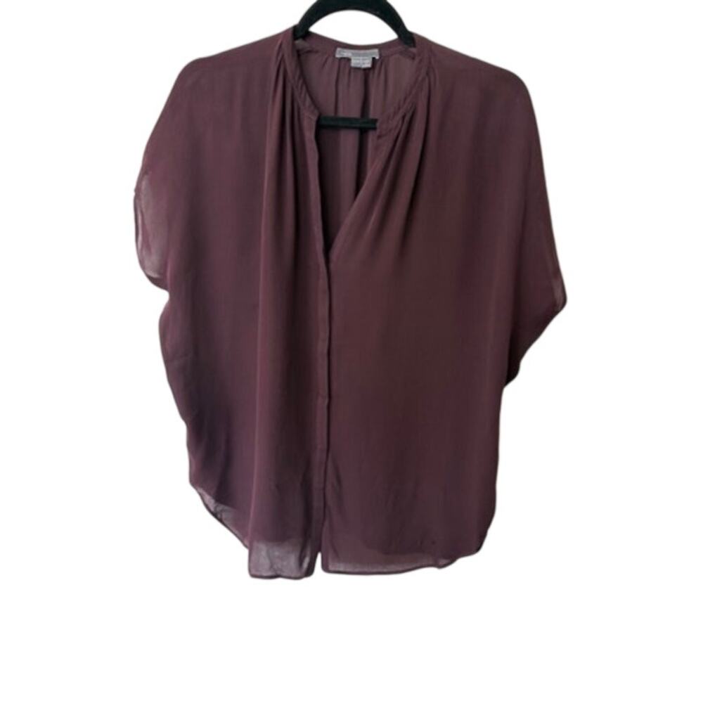 Vince 100% Silk Blouse Burgundy Short Sleeve Sheer Panel Size Small